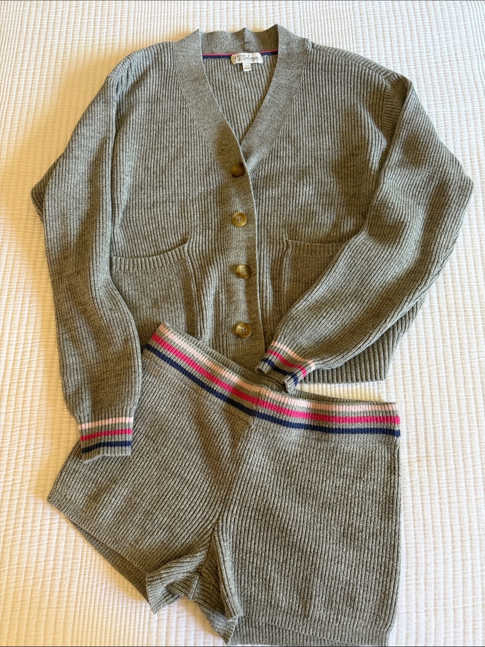 P.J. Salvage Gray Ribbed Cardigan & Shorts Set with Pink and Navy Trim